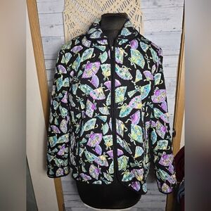 Vtg 90's Quilted Collared Zip Front Asian Fan Print Jacket Size XL